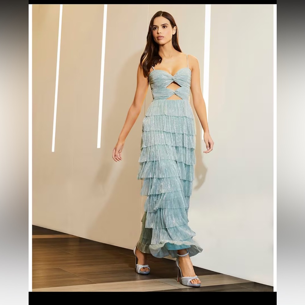 Grace Metallic Plisse Sweetheart Neck Cut-Out Tiered Dress
